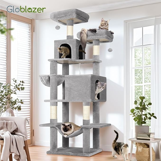Globlazer Cat Tree Tower, 76-Inch Extra Tall Multi-Level Cat Furniture with Cozy Condos, Hammock and Perches for Adult Cats, Perfect for Climbing, Scratching, and Play, F76, Light Grey-PawvioPets