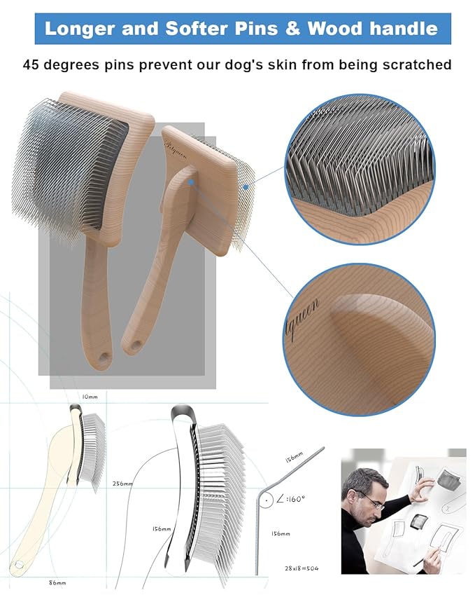 Dog Slicker Brush for Large Dogs, Professional Doodles Brush for Poodles, Goldendoodles and Labradoodles - Easy to Remove Tangles, Mats and Fluff - 3.8"x3.2" Head, 8" Wood Body-PawvioPets
