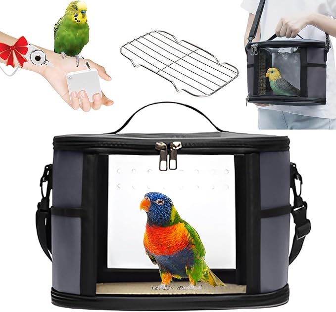 Bird Travel Carrierm, Small Bird Travel Backpack Carrier Cage with Tray and Breathable Clear Window, for Parakeet Cockatiel Budgies, for Camping Hiking (Large-Black)-PawvioPets