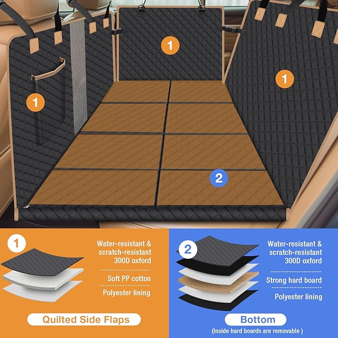 Dog Car Seat Cover for Back Seat, Dog Car Bed Cover with Hard Bottom, Backseat Extender Hammock for Mid-Sized Truck/SUV 8 Panels - Black-PawvioPets