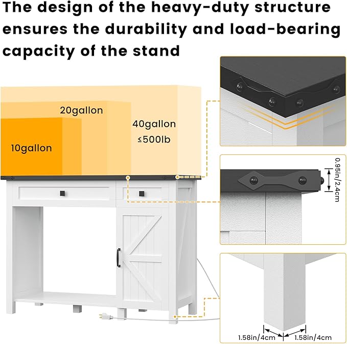 40 Gallon Aquarium Stand With Charging Station, Farmhouse Fish Tank Stand, Reptile Tank Stand Terrarium Stand with Drawer and Cabinet Storage, Sturdy Heavy Duty 41.9"×18.3" Tabletop - White-PawvioPets