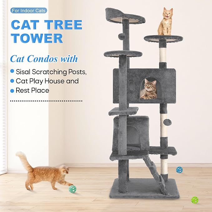 FDW Cat Tree 54in Cat Tower Multi-Level Durable Cat Scratching Post & Cozy Fun Cat Jumping Platform Space Saving Cat Condo Pet Play House for Indoor Cats,Light Gray-PawvioPets