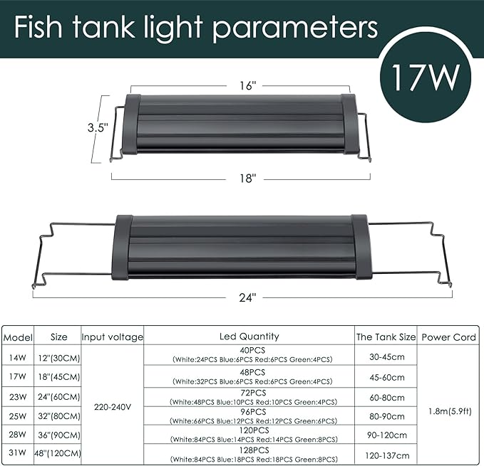 AQQA Aquarium Light,Full Spectrum LED Fish Tank Lights,12"-54" Adjustable Multi-Color White Blue Red Green LEDs with Extendable Brackets,14W-31W for Freshwater Plants (17W (18"-24"))-PawvioPets