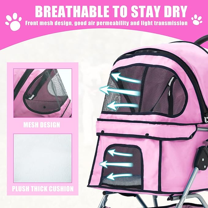 Dog Stroller, Folding 4 Wheels Pet Stroller for Small Medium Dog Cat Travel Carrier with Weather Cover Storage Basket Cup Holders Pink-PawvioPets