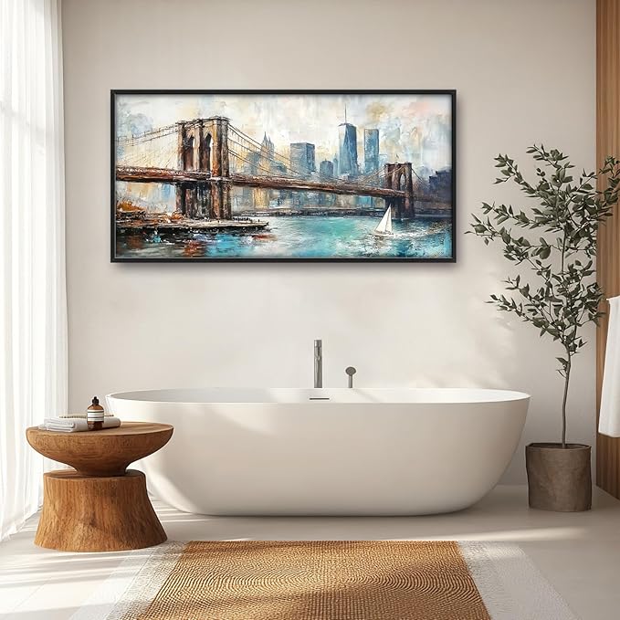 Extra Large Framed Brooklyn Bridge Wall Art,New York City Wall Decor,Abstract Skyline Cityscape Pictures for Living Room,Canvas Print Painting Modern Artwork Bedroom Office Bathroom 60L x30W-PawvioPets