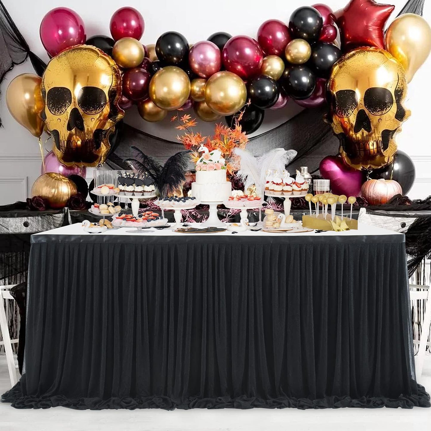 9ft Black Tulle Table Skirt for Rectangle Tables or Round Tables Tutu Table Skirt for Birthday Party Baby Shower Wedding Parties Dessert Buffet Banquet Decorations