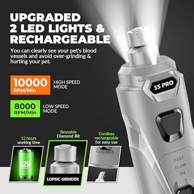 Dog Nail Grinder with 2 LED Lights Powerful 2 Speeds Super Quiet Dog Nail Trimmers with 3 Grinding Wheels Rechargeable Pet Dog Nail Clippers for Large Medium Puppy Dogs Dog Nail File Cat Nail Clipper-PawvioPets