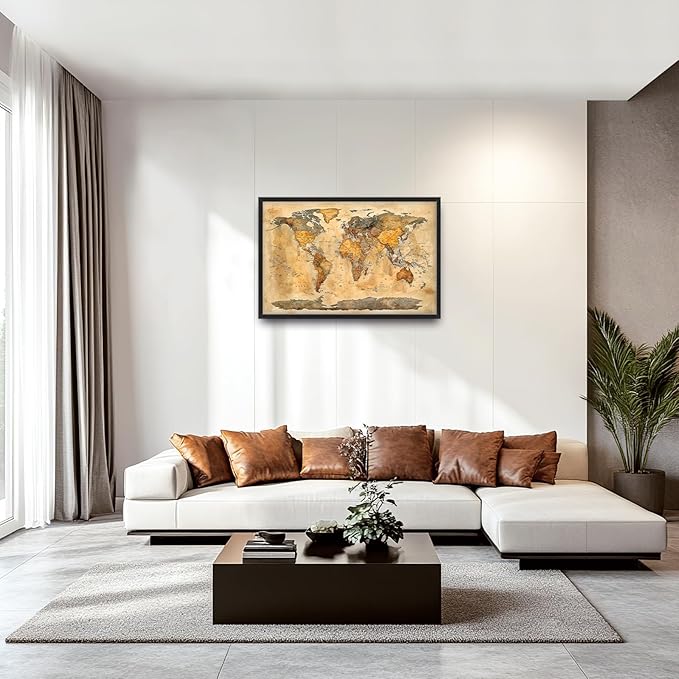 Extra Large World Map Framed Wall Art for Living Room,Oversized Vintage Map of The World Pictures Wall Decor,Canvas Print Painting Modern Artwork Bedroom Office Bathroom 36L" x 24W"-PawvioPets