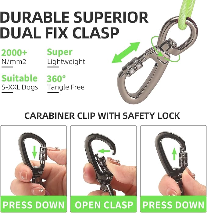 Dog tie Out Cable, 10/20/25/30/50/70/100 feet, Suitable for Dogs up to 350 pounds, Dog Cable with Swivel Buckle, Lightweight, Non-Winding, for Outdoor Camping, Yard Dog Cable (Green, 10FT)-PawvioPets