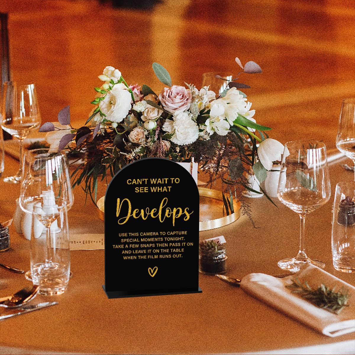 Acrylic Wedding Sign, Bridal Shower Decorations, Can't Wait to See What Develops Sign for Ceremony, Modern Font Table Signs, Acrylic Table Top Signs for Wedding Reception (Black Gold)