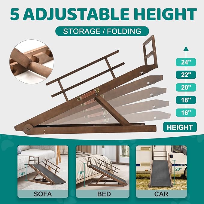 Dog Ramp for Bed, Adjustable Pet Ramps for Dog to Get on Bed, Non-Slip Rubber Surface - Folding Wooden Dog Ramp for Small/Large/Old Dogs, Adjustable up to 23.5 inch High Beds, Safety Railings-PawvioPets