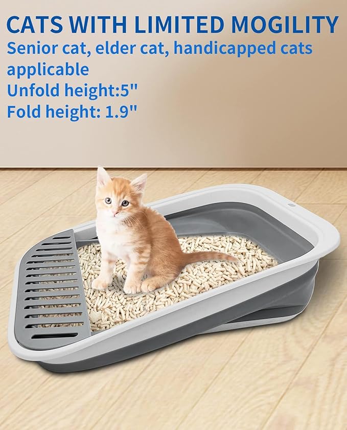 BNOSDM Collapsible Small Cat Litter Box for Kittens Open Potty Pan Foldable Cat Toilet with Scoop Senior Kitty Travel Shallow Litters Boxes Anti-Splash Waterproof Grey 17.7"×13.4"-PawvioPets