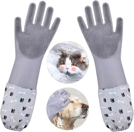 Dog Washing Gloves, Pet Grooming Gloves with Soft Brushes, Bathing and Massaging for Dogs and Cats, Silicone Heat Resistant Cleaning Gloves with High-Density Teeth (Gray)-PawvioPets