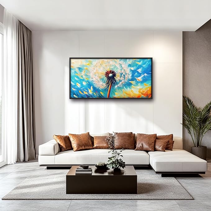 Extra Large Abstract Dandelion Framed Wall Art for Living Room,Oversized Colorful Dandelion Flower Pictures Wall Decor,Blue Canvas Print Painting Modern Artwork Bedroom Office Bathroom 60L" x 30W"-PawvioPets
