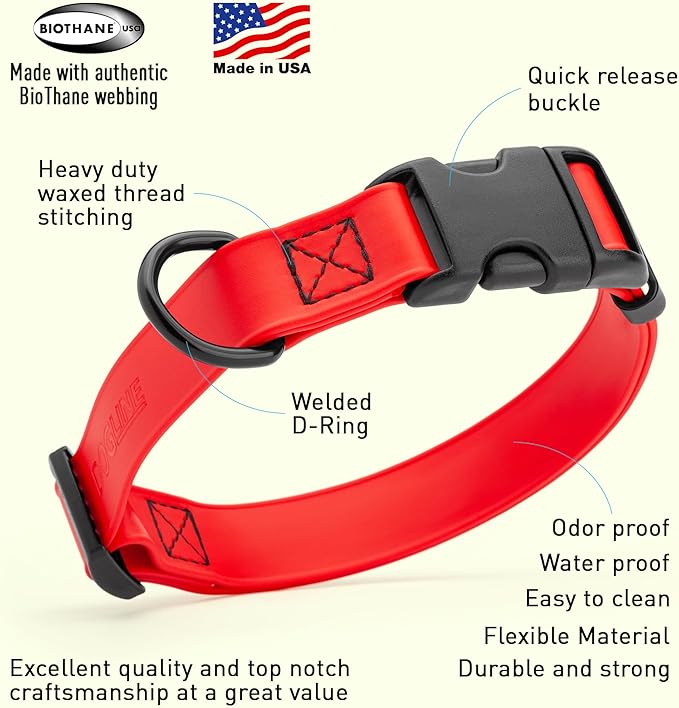 Dogline Biothane Waterproof Dog Collar with Quick Release Buckle Strong Coated Nylon Webbing with Odor- Proof for Easy Care Easy to Clean Fits Small Medium or Large Dogs, Red 3/4" W 12-19" L-PawvioPets
