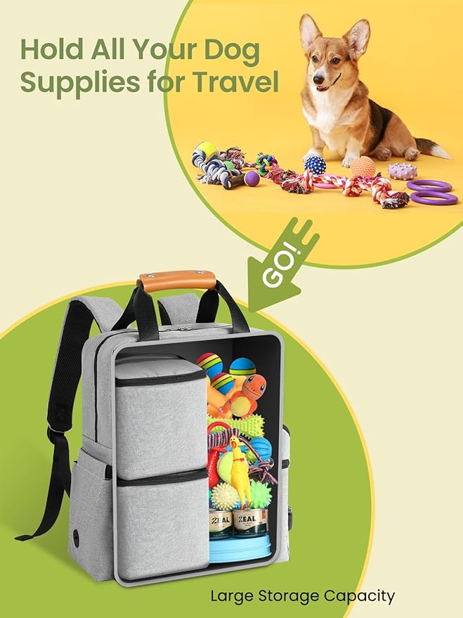Dog Travel Bag, 25L Airline Approved Dog Travel Backpack for Pet Travel Accessories with 2 Food Storage Containers, 2 Foldable Bowls for Short Trips, Grey-PawvioPets