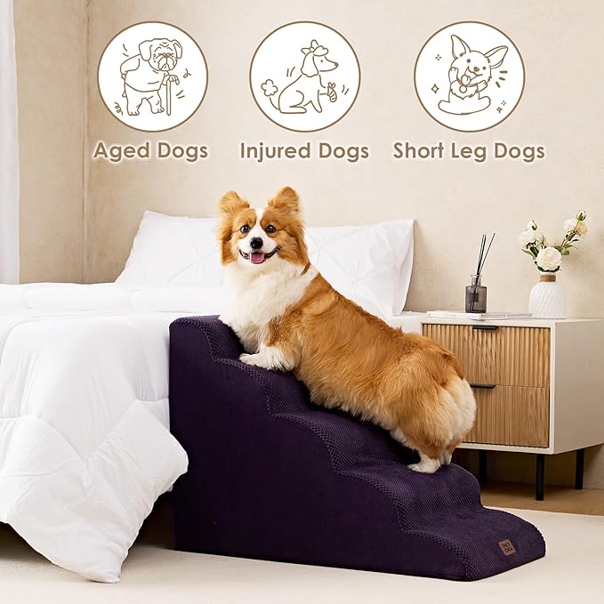 EHEYCIGA Curved Dog Stairs Ramp for High Beds 22.6" H, 5-Step Dog Steps for Small Dogs and Cats, Pet Stairs for High Bed Climbing, Non-Slip Balanced Pet Step Indoor, Purple-PawvioPets