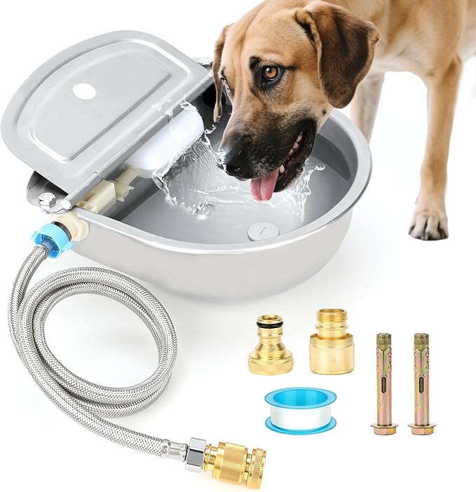FHTONGE 304 Stainless Steel Automatic Water Dispenser with Drainage for Outdoor Big Dog, Large Auto Fill Dog Waterer Float Valves for Livestock Poultry Horse Cow Goat Pig Chicken Duck Rabbit Drinking-PawvioPets