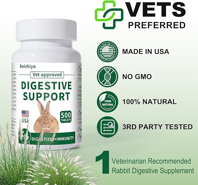 500 Tablets, Digestive Support Rabbit, Support GI Stasis, Bloat, Constipation, and Diarrhea, Strengthens Immune System, Premium Formula with High Fiber, Vitamins and Probiotics, Non-GMO-PawvioPets