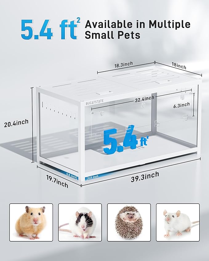 BUCATSTATE Hamster Cage 3.0: Metal Large Rat Cage Stackable with Top Access Easy Assemble 39.3L x 19.7W x 20.6H Inches Dwarf Syrian Hamster Tank for Gerbil Mouse (5.4 ft², White)-PawvioPets