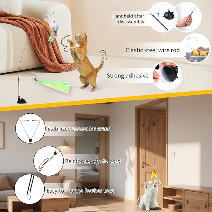 4-in-1 Interactive Cat Feather Toys with Durable Retractable Fishing Pole, Enhanced Suction Cup Toy, Door Hanging Teaser Toy and 11 Attachments Replacements for Bored Indoor Adult Cats-PawvioPets