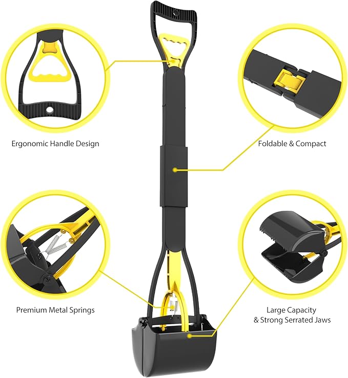 32" Heavy Duty Dog Pooper Scooper for Large Dogs, Extra Long Handle Foldable Poop Pick Up Tool with Durable Spring, Great for Yard, Lawns, Grass, Dirt, Gravel-PawvioPets