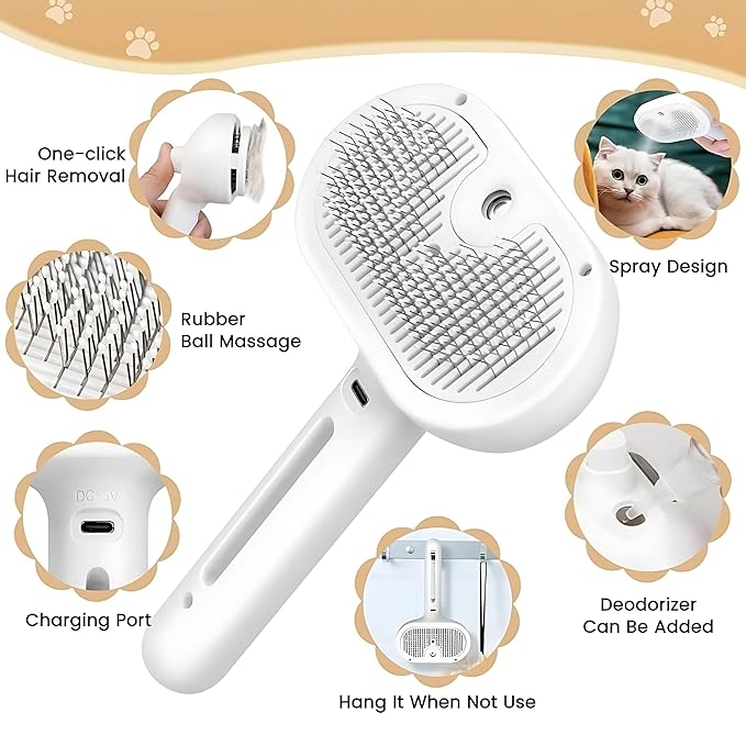 4 in 1 Cat Steam Brush: steam brush for cats, Grooming, Shedding, Mist Spray, Hair Removal Comb & Massager, USB Rechargeable Self Cleaning cat steam brushes for indoor cats - White-PawvioPets