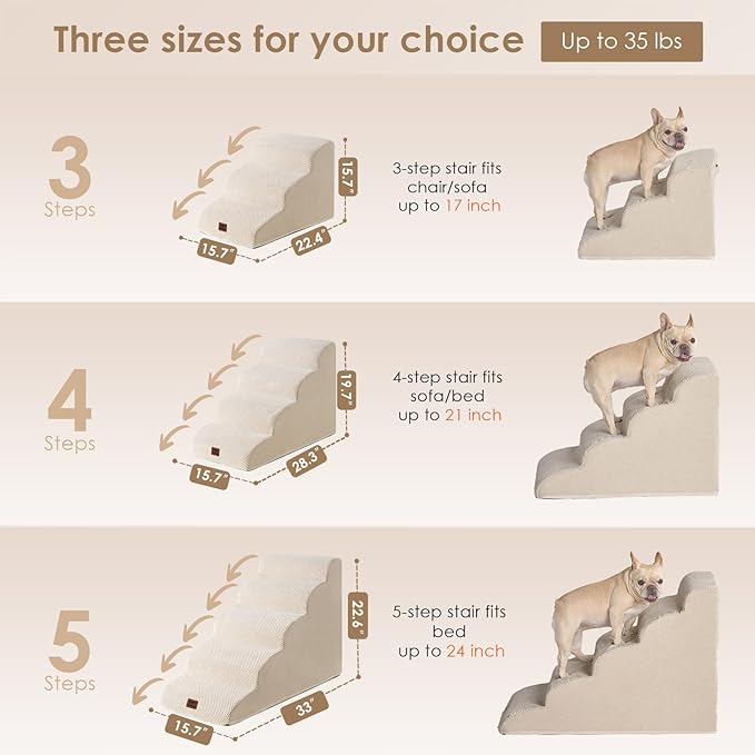 EHEYCIGA Curved Dog Stairs Ramp for High Beds 22.6" H, 5-Step Dog Steps for Small Dogs and Cats, Pet Stairs for High Bed Climbing, Non-Slip Balanced Pet Step Indoor, Beige-PawvioPets