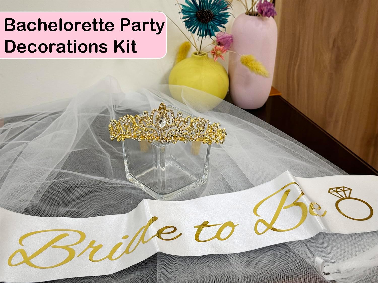 JETKONG 3 Pcs Bachelorette Party Decorations Bridal Shower Crown, Bride to Be Sash&Veil for Women Bachelorette Party Gifts, Bachelorette Party Supplies, Gifts, Favors (Gold)