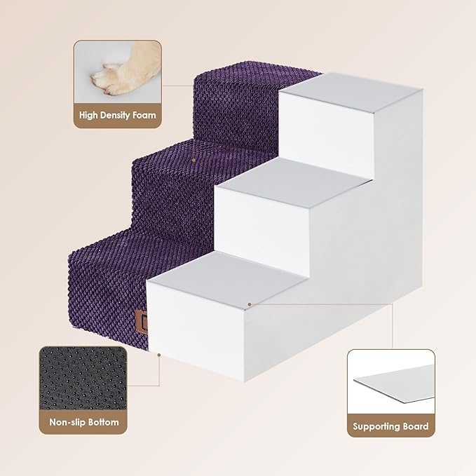 EHEYCIGA Dog Stairs for Small Dogs 13.5" H, 3-Step Dog Steps for Couch Sofa and Chair, Pet Steps for Medium Cats, Non-Slip Balanced Pet Ramp Indoor, Purple-PawvioPets