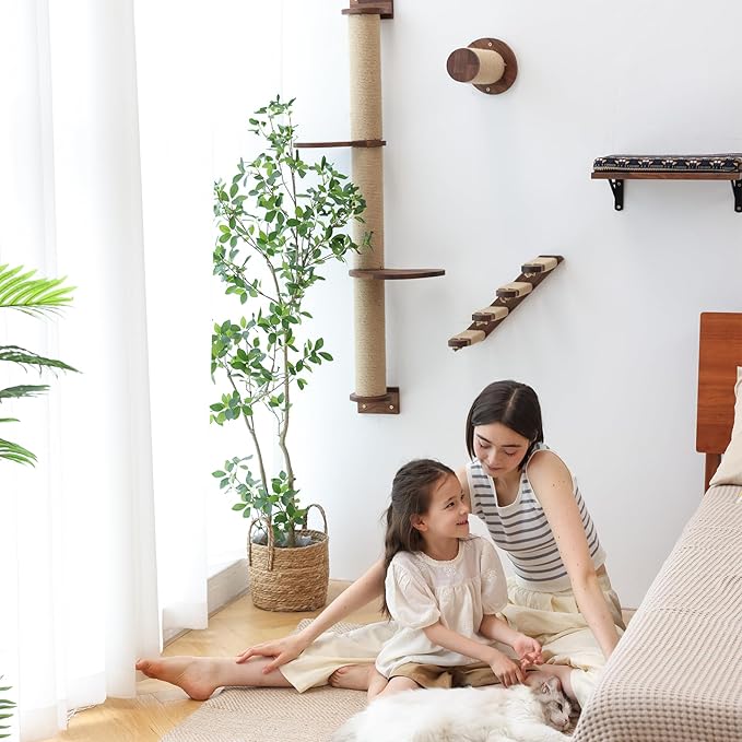 FUKUMARU Cat Wall Furniture, 11.8 Inch Cats Shelves for Drywall, Walnut Wood Kitten Stairs for Wall Mounted with Jute Scratching Kittens Steps, 2 of Pack-PawvioPets