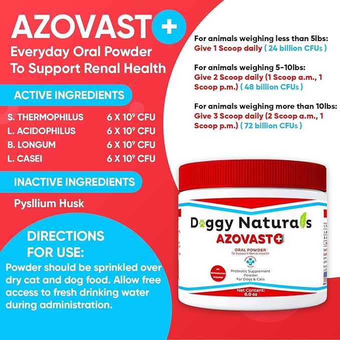 Azovast Plus Kidney Health Supplement for Dogs & Cats, Oral Powder (12 Oz) - (240 Doses/ 2 Jar) NO Refrigeration Required - Help Support Kidney Function & Manage Renal Toxins(U.S.A)(12 Oz (2 Pack))-PawvioPets