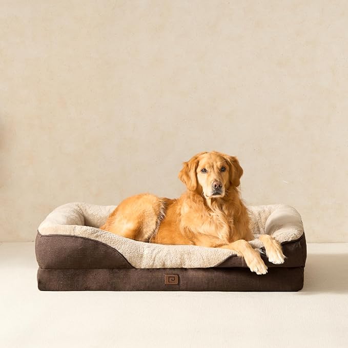 EHEYCIGA Memory Foam XL Dog Bed for XLarge Sized, Extra Large Orthopedic Dog Sofa with Sides and Waterproof Liner, Washable Bolster Pet Bed Couch with Removable Cover, 42x30x7.5 Inch, Brown-PawvioPets