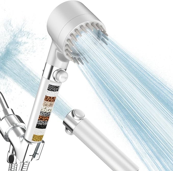 Filtered Shower Head with Handheld, High Pressure 3 Spray Mode Showerhead with 18 Stage Water Softener Filters for Hard Water - Handheld Shower Head-Remove Chlorine-White-PawvioPets