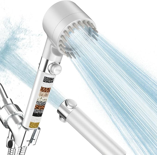 Filtered Shower Head with Handheld, High Pressure 3 Spray Mode Showerhead with 18 Stage Water Softener Filters for Hard Water - Handheld Shower Head-Remove Chlorine-White-PawvioPets