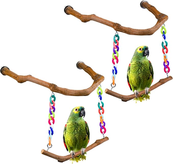 Bird Swing Toys, Standing Bird Perch with Natural Grape Wood, U Shape Hangable Birdcage Accessories, Birds Chewing Toy for Budgerigars, Parakeets, Cockatiels, Conures, Lovebirds, Finches (2Pack)-PawvioPets