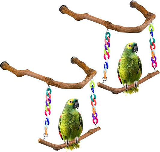 Bird Swing Toys, Standing Bird Perch with Natural Grape Wood, U Shape Hangable Birdcage Accessories, Birds Chewing Toy for Budgerigars, Parakeets, Cockatiels, Conures, Lovebirds, Finches (2Pack)-PawvioPets