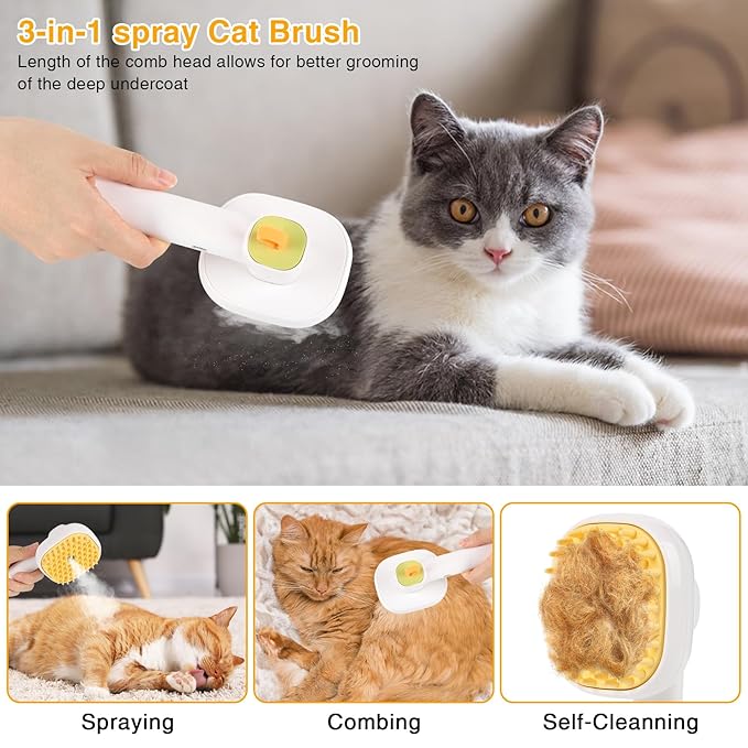 3-in-1 Cat & Dog Steam Brush – USB Rechargeable Spray Grooming Comb with Silicone Teeth – Anti-Static, Shedding Control & Massaging for All Hair Types Long/Short Hair Pets (Green)-PawvioPets