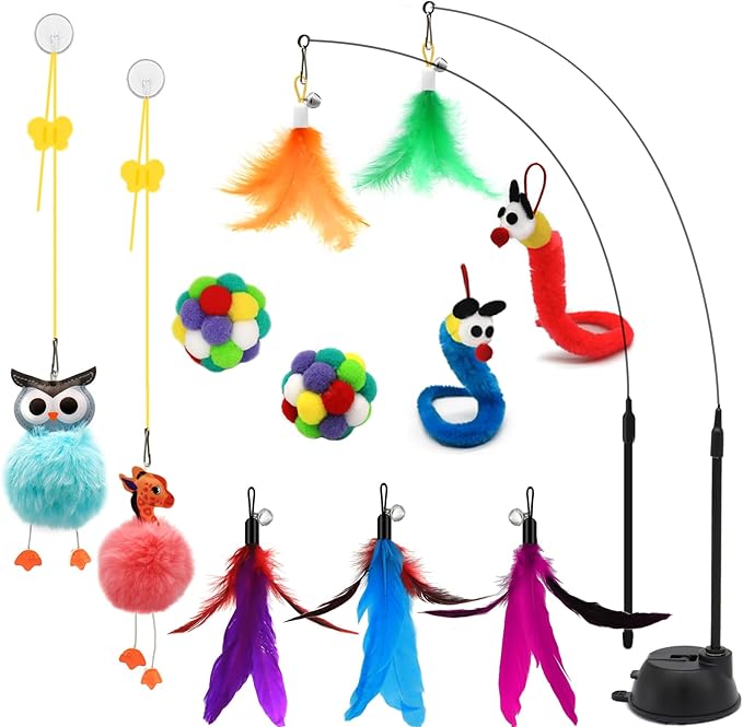 4-in-1 Interactive Cat Toys Set with Suction Cup Wand, Hanging Cat Toys, Fishing Pole Cat Wand & Kitten Balls- Includes Variety Replaceable Worms, Feathers for Indoor Bored Cats for Exercise-PawvioPets
