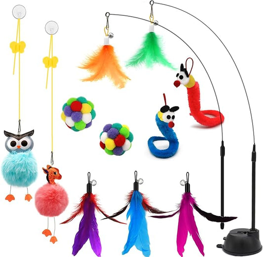 4-in-1 Interactive Cat Toys Set with Suction Cup Wand, Hanging Cat Toys, Fishing Pole Cat Wand & Kitten Balls- Includes Variety Replaceable Worms, Feathers for Indoor Bored Cats for Exercise-PawvioPets