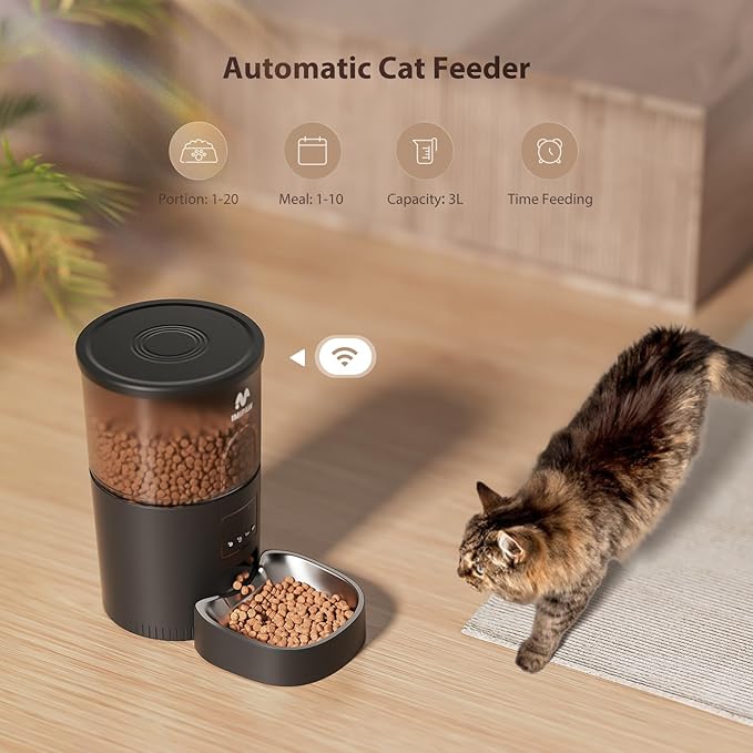 Automatic Cat Feeder, 5G WiFi Cat Food Dispenser with APP Remote Control, Pet Dry Food Smart Feeder, Programmable Timed Feeding, Dual Power Supply, 1-10 Meals Per Day, Stainless Steel Bowl-PawvioPets