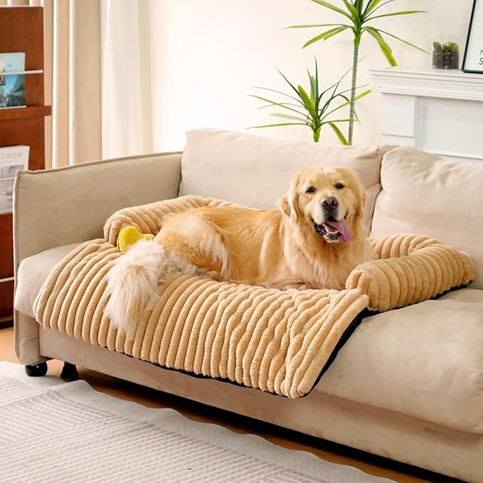 FUNNY FUZZY Pet Couch Cover for Sofa, Calming Dog Bed for Couch, Fluffy Plush Dog Couch Mat for Furniture Protector for Large Medium Small Pets, 47×37 in, Khaki-PawvioPets