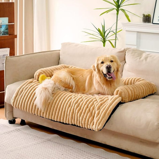 FUNNY FUZZY Pet Couch Cover for Sofa, Calming Dog Bed for Couch, Fluffy Plush Dog Couch Mat for Furniture Protector for Large Medium Small Pets, 47×37 in, Khaki-PawvioPets