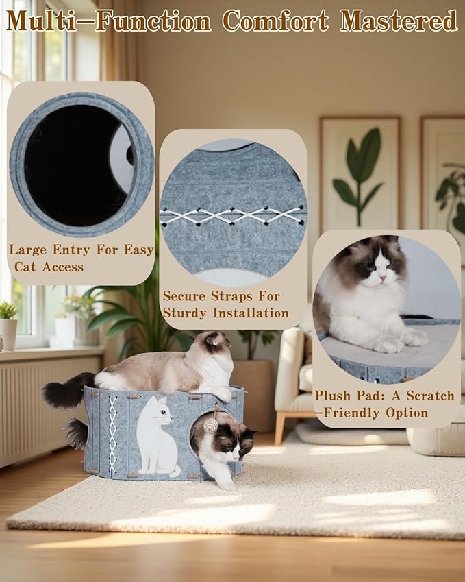 2-in-1 Large Cat House for Indoor Cats, Felt Cat Cave with Cushion, Dual Entrances & Sisal Ball Toy, Enclosed Bed for Large Cats or Multi-Cat Use, Supports 88 lbs-PawvioPets
