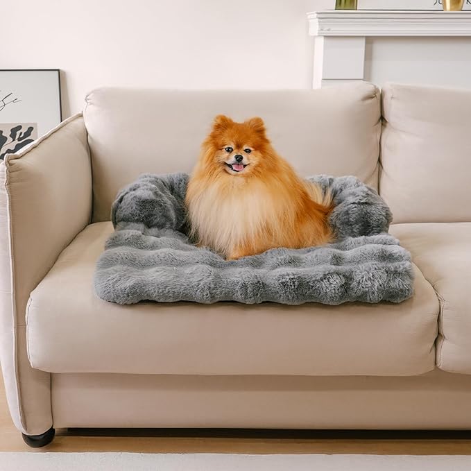 FUNNY FUZZY Pet Fluffy Fuzzy Couch Cover, Calming Washable Dog Bed Sofa Protector Pets Mat for Small Dogs and Cats (Grey,27.56 × 24.02 × 5.51 in)-PawvioPets
