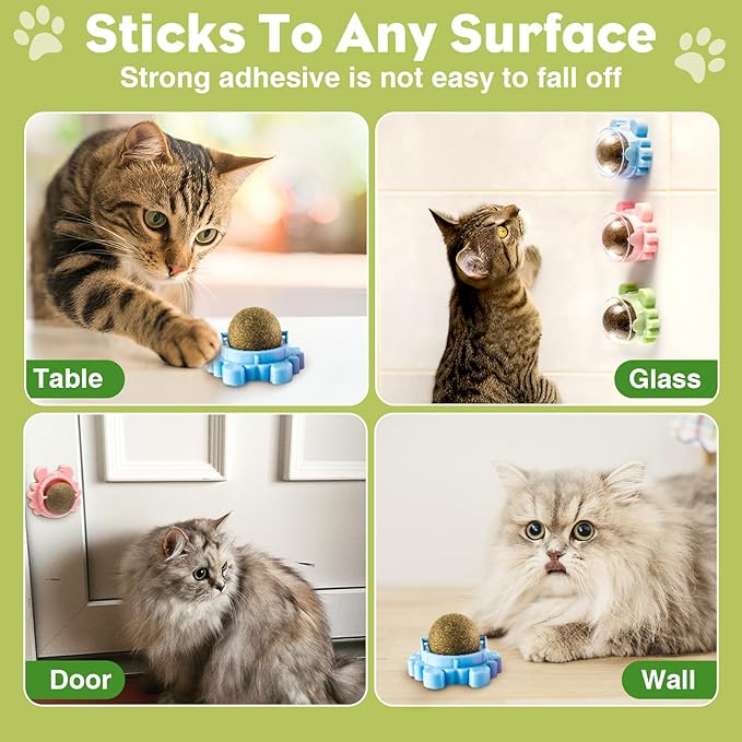 360° Catnip for Cats Wall Catnip Rollerball Licking Ball Cat Nips Mint Magic Cat Stick on Wall Crack Balls Lickable Play Chew Teeth Cleaning Pet Chew Indoor Outdoor-PawvioPets