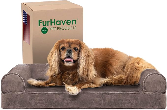 Furhaven Cooling Gel Dog Bed for Medium/Small Dogs w/ Removable Bolsters & Washable Cover, For Dogs Up to 35 lbs - Faux Fur & Velvet Sofa - Driftwood Brown, Medium-PawvioPets