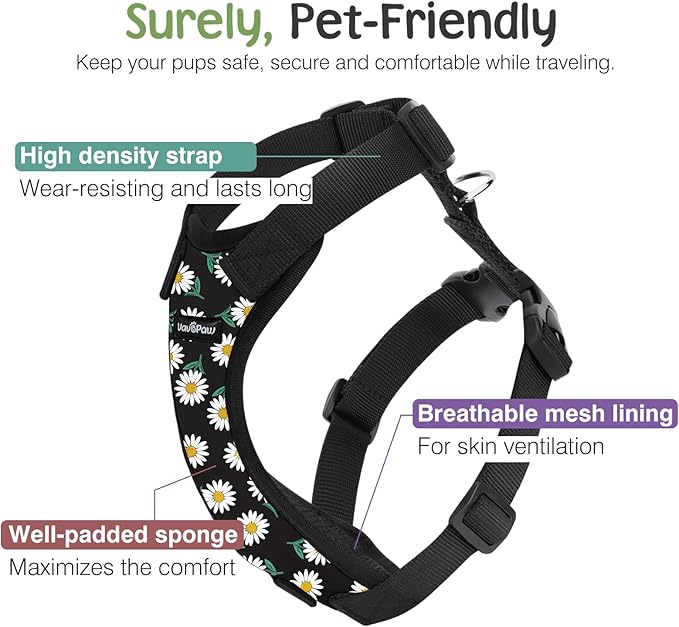 Dog Seat Belt, Safety Vest Dog Car Harness with Adjustable Buckle Dog Seat Belt for Vehicle Nylon Pet Safety Seat Belts Heavy Duty(L, Black Daisy)-PawvioPets
