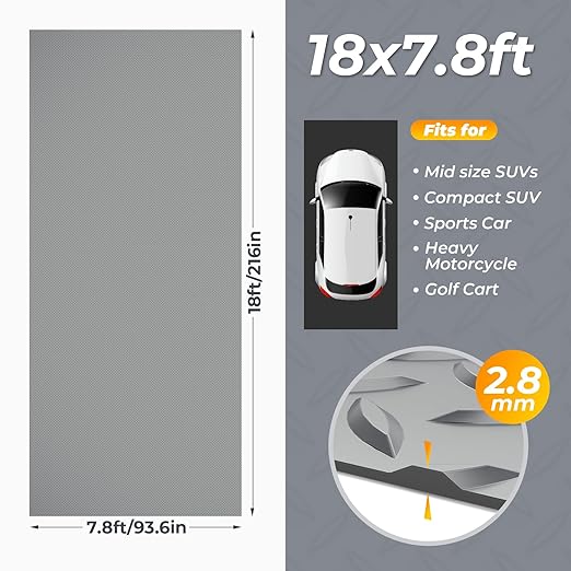 7.8 x 18 FT Garage Floor Mats for Under Car, 2.8mm Thickened Rubber Garage Flooring Roll, M Size 140.4 SQFT Garage Car Mat for Mid-Size SUVs, Sports Car, Light Grey-PawvioPets