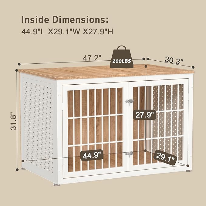 48" Heavy Duty Dog Crate Furniture for Large Dogs, Metal Kennel for High Anxiety Dogs, White Wooden Cage Furniture Indoor, Decorative Dog Kennel End Table, XL-PawvioPets